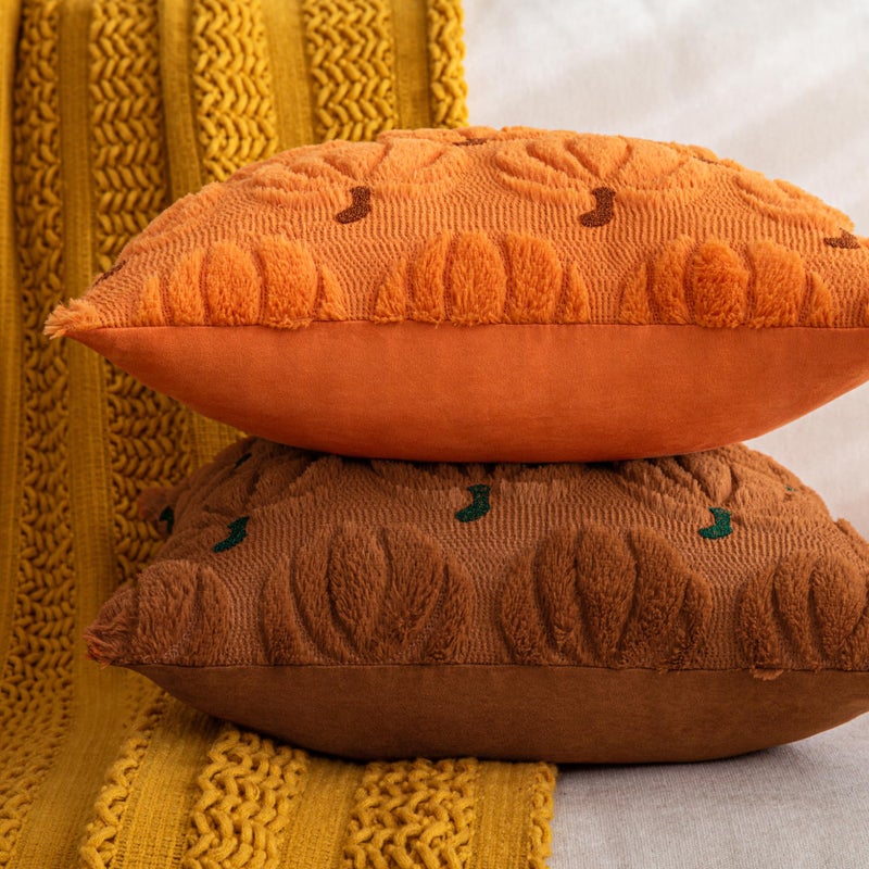 COSIBONO Pumpkin Fall Decorative Throw Pillow Covers 18""x18""  Set of 2 Orange Brown Soft Faux Fur Pillow Covers for Autumn Harvest  Fluffy Plush Accent Pillow Cases for Farmhouse Halloween Decor - Image 2